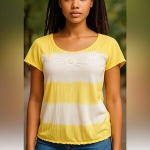 IZOD SPRING YELLOW & WHITE OMBRÉ STRIPED FLOWER ROSETTES CASUAL TOP SZ L